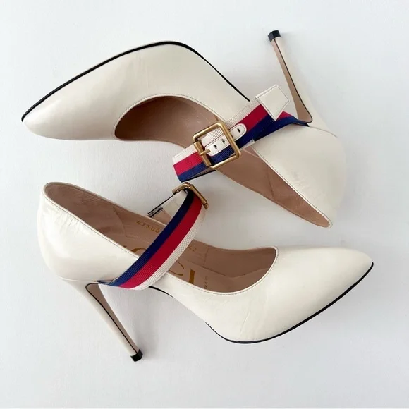 GUCCI | Sylvie Web Stripe Buckle White Leather Pumps EU 36 - Picture 10 of 16